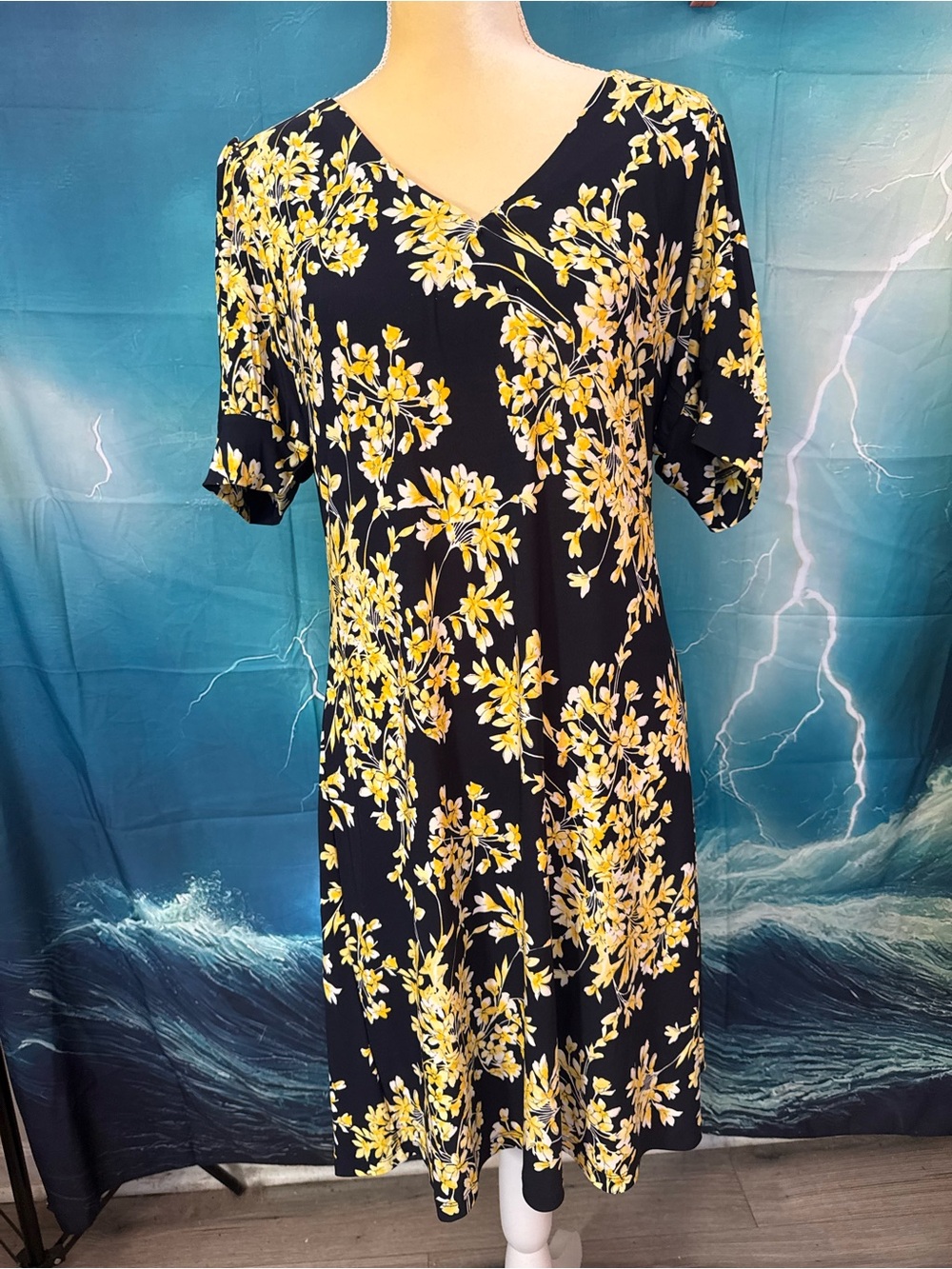 Tommy Hilfiger Navy Midi Dress with Yellow Floral Pattern